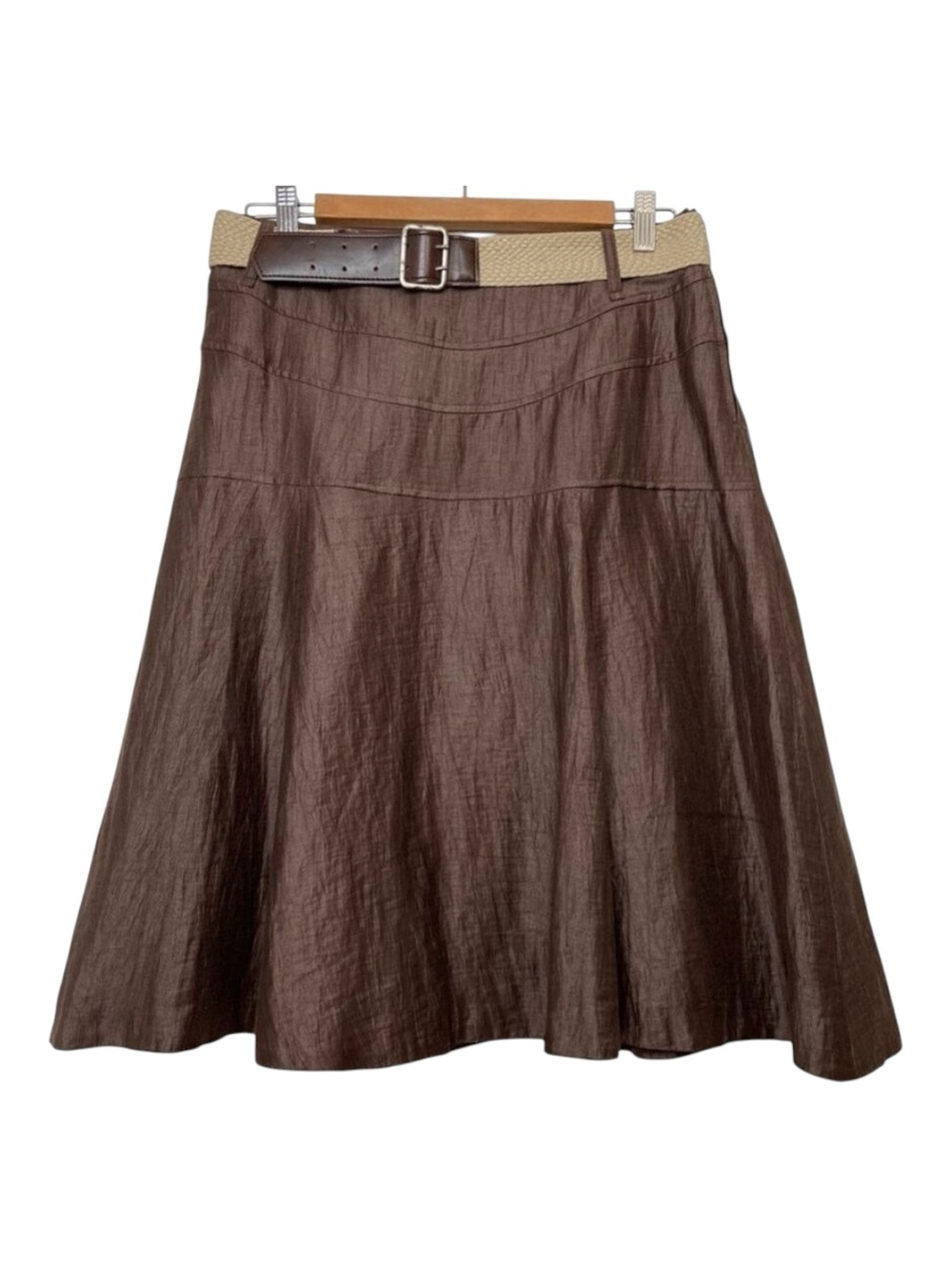 Steilmann silk A line skirt brown distressed belted waist size 8